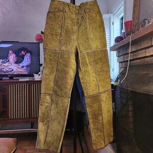 Vintage S.M.H. Moss Green Patchwork Suede Leather Pants with Crochet Trim